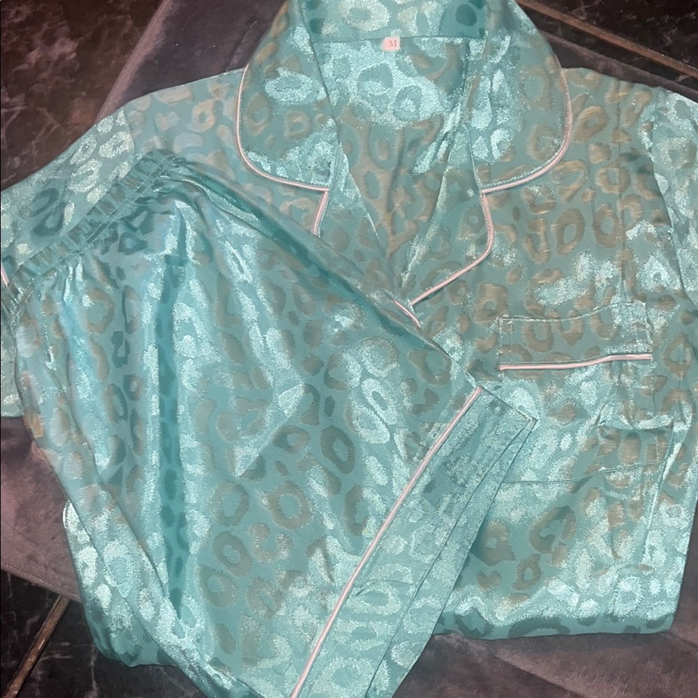 2 piece Satin Pajama Set - Teal Leopard Print  brand New without tags  size M